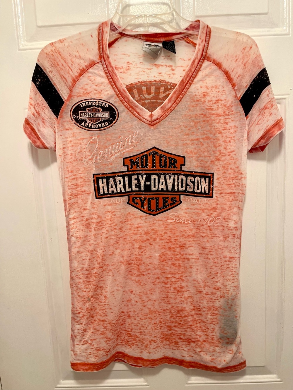 Harley-Davidson Orange and White Washed Logo V-Neck Tee